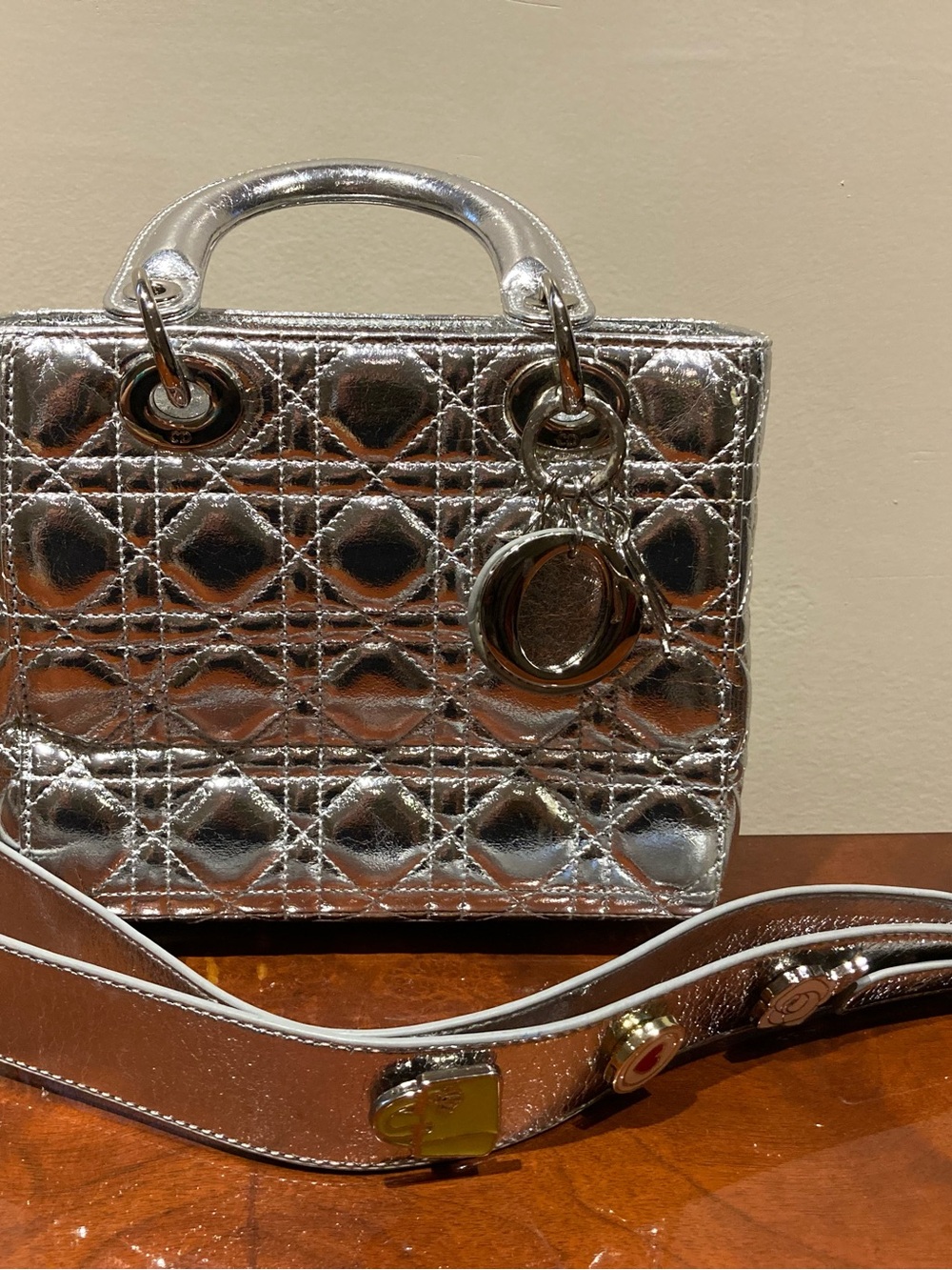 Christian Dior Lady Dior style silver patent leather 8”x 8” shoulder bag